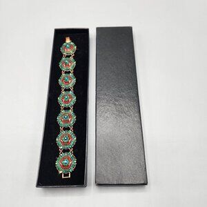 Joan Rivers Red & Green Enamel Crystal Link Bracelet Hexagon Copper Tone 7.5"